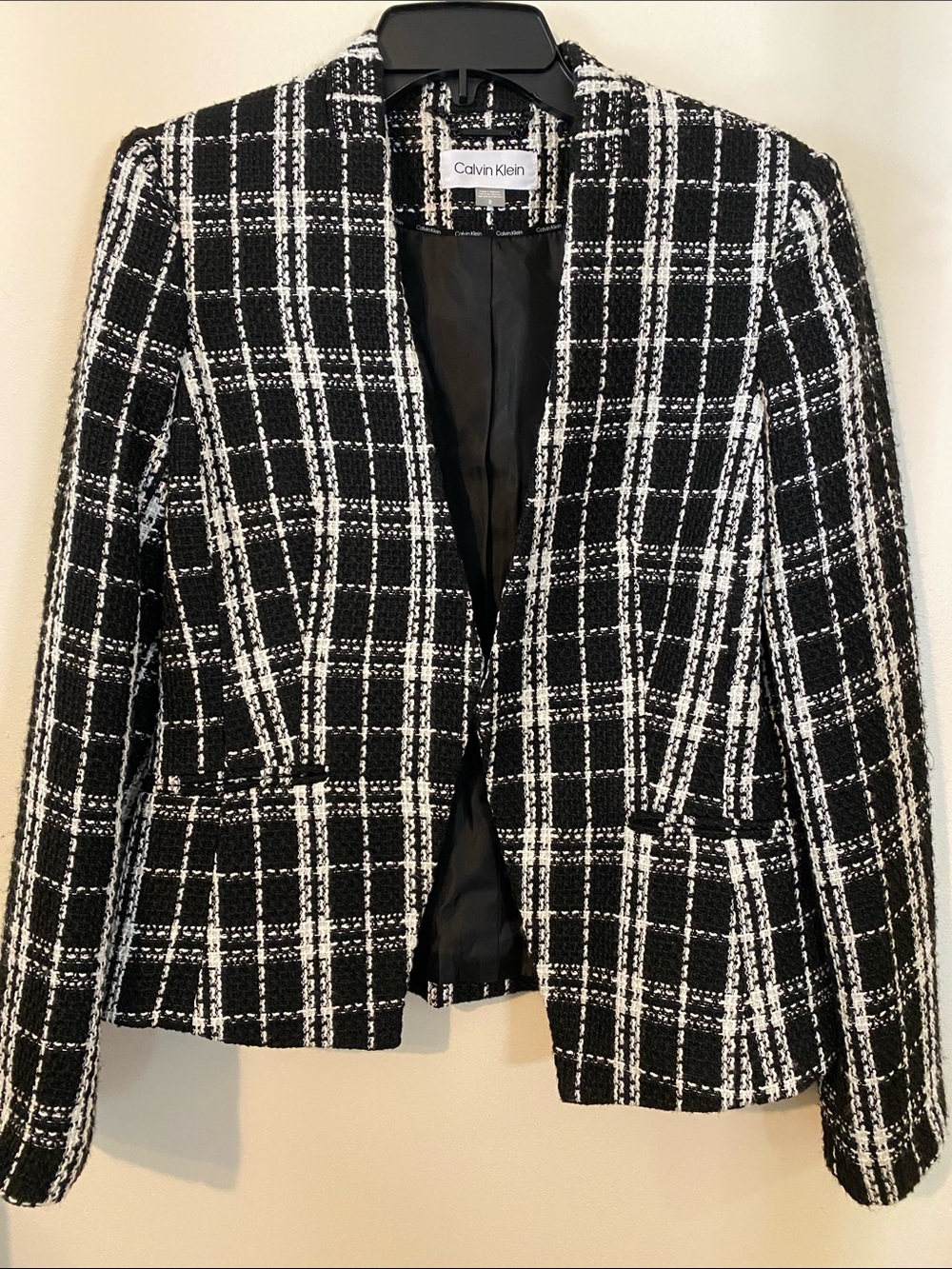 Calvin Klein Black & White Windowpane Tweed Collarless Blazer
